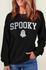 Black Glitter SPOOKY Ghost Pattern Crew Neck Halloween Sweatshirt Graphic Sweatshirts JT's Designer Fashion