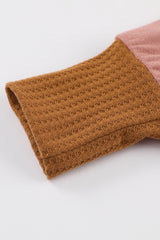 Brown Waffle Knit Patchwork Drawstring V Neck Hoodie Sweatshirts & Hoodies JT's Designer Fashion