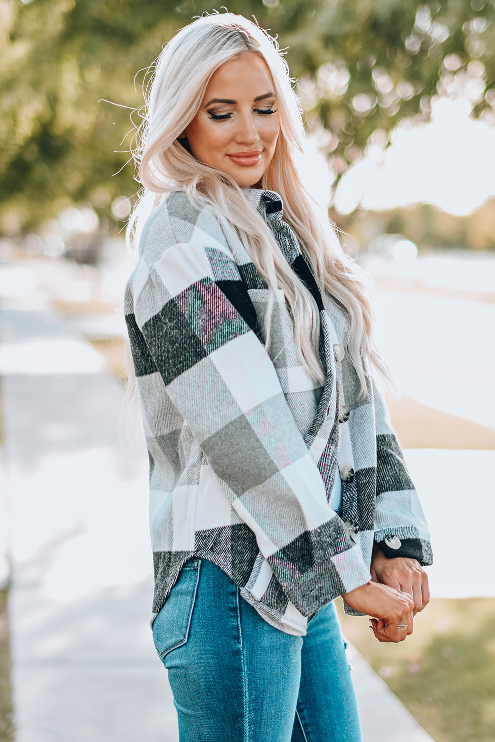 Gray Plaid Color Block Buttoned Long Sleeve Jacket with Pocket Plaid Shackets JT's Designer Fashion