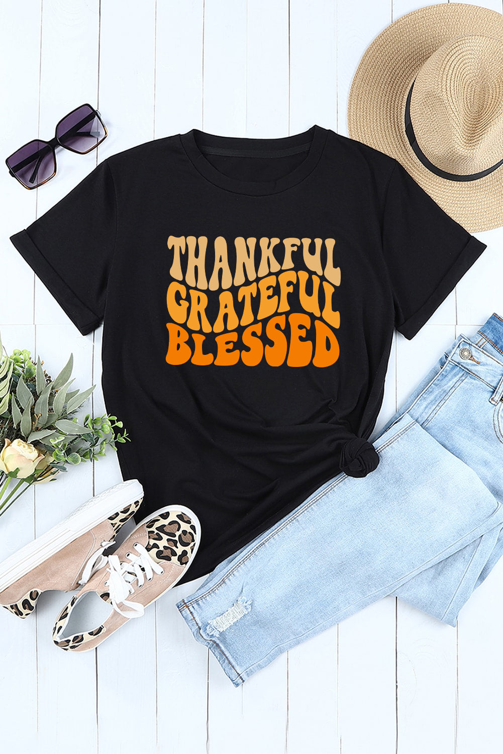 Black THANKFUL GRATEFUL BLESSED Crew Neck Graphic Tee Graphic Tees JT's Designer Fashion