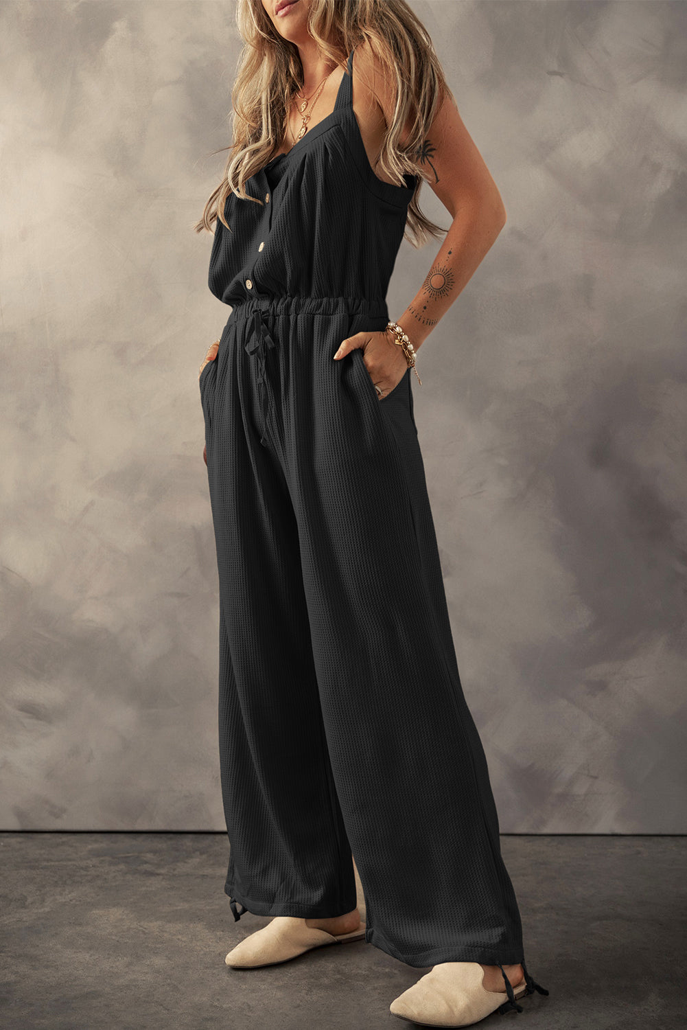 Black Knotted Straps Button Textured Drawstring Jumpsuit Bottoms JT's Designer Fashion
