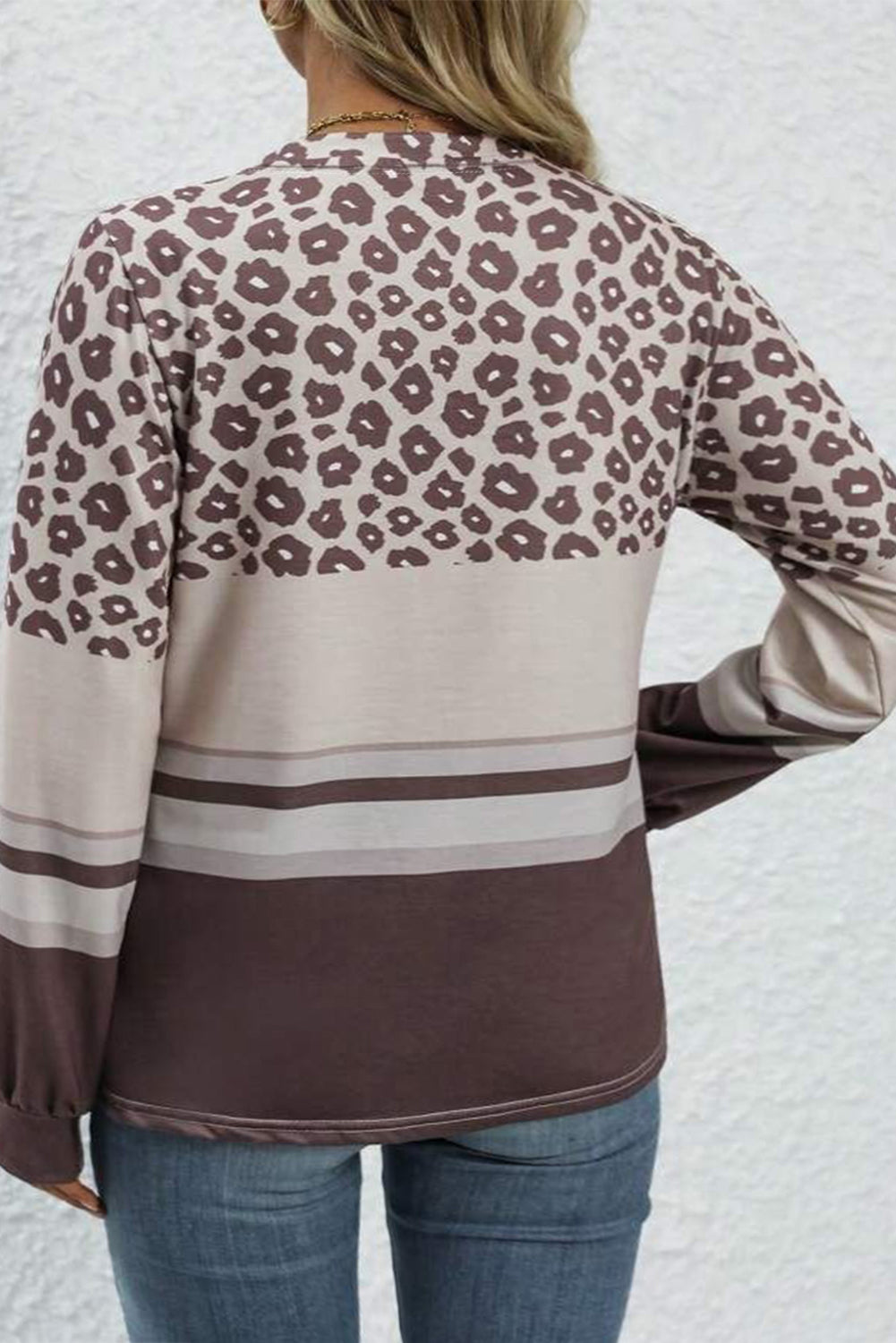 Coffee Plus Size Leopard Striped Long Sleeve Crew Neck Top Plus Size Long Sleeve Tops JT's Designer Fashion