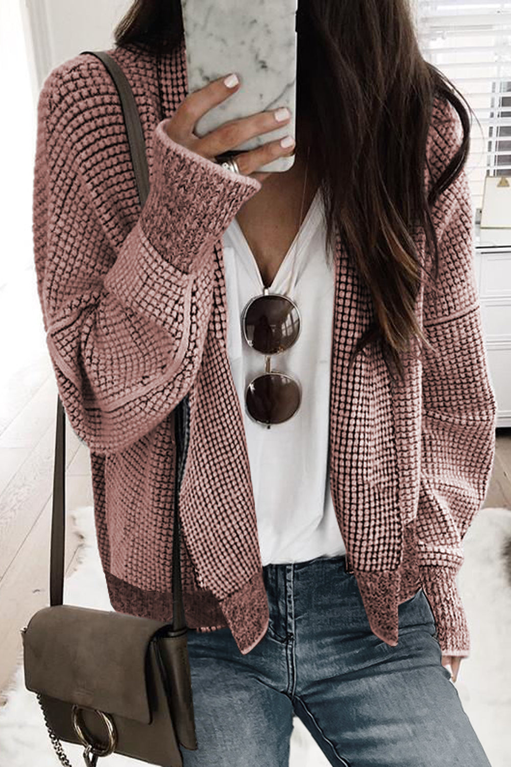 Peach Blossom Plaid Contrast Trim Open Front Cardigan Sweaters & Cardigans JT's Designer Fashion