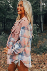 Light Pink Plaid Corduroy Patchwork Chest Pocket Shacket Plaid Shackets JT's Designer Fashion
