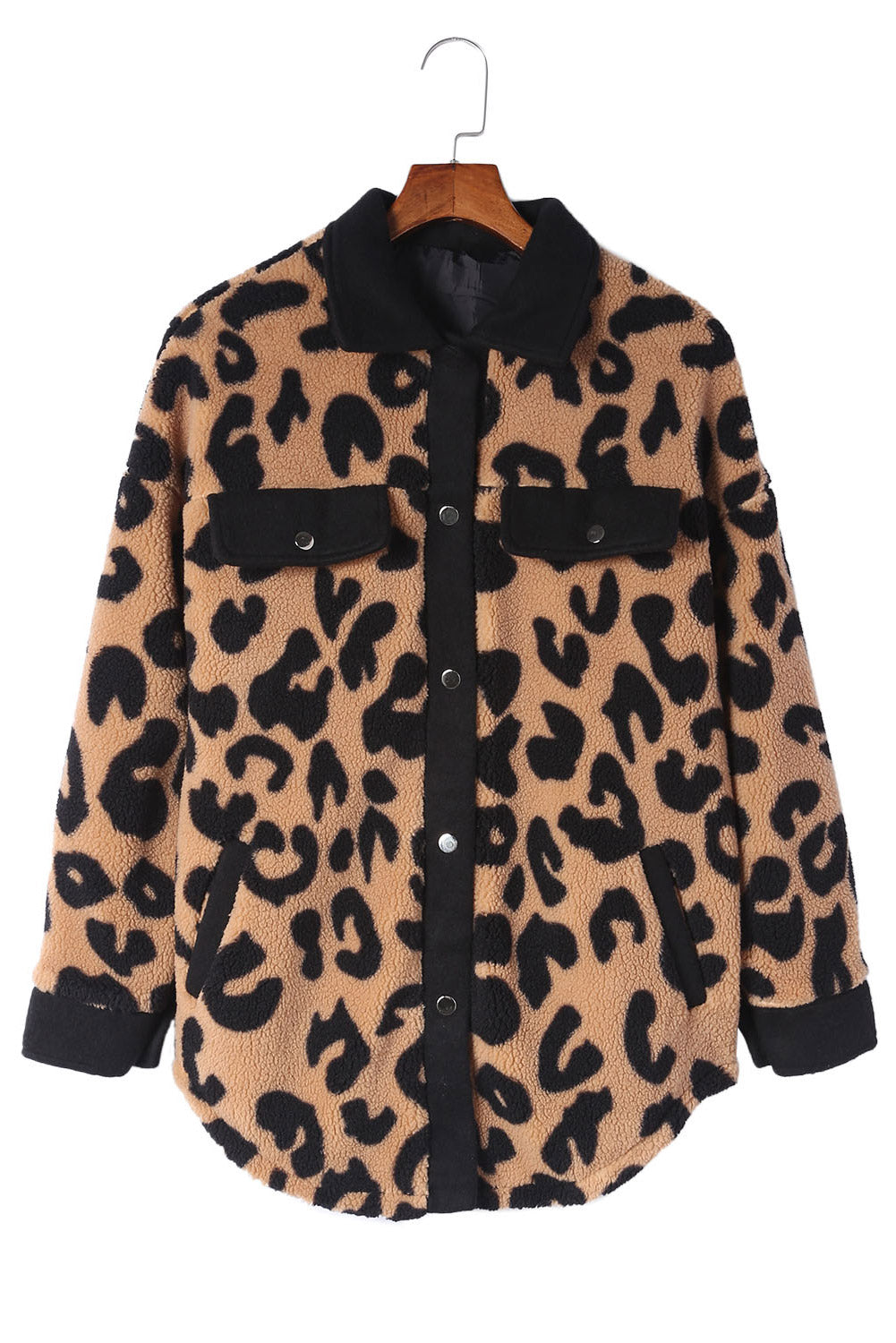 Black Contrast Trimmed Leopard Teddy Shacket Jackets JT's Designer Fashion