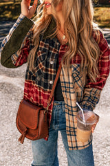 Red Mixed Plaid Patchwork Retro Shacket Plaid Shackets JT's Designer Fashion