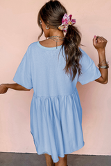 Sky Blue USA Flag Print Short Sleeve High Waist Babydoll Dress Graphic Dresses JT's Designer Fashion