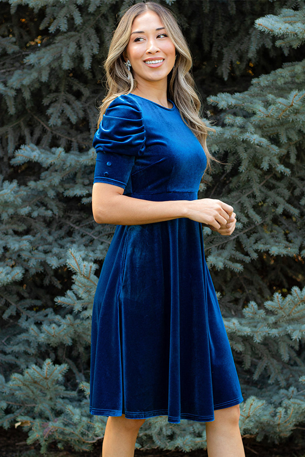 Sail Blue Velvet Ruched Short Sleeve Pocketed Mini Dress Mini Dresses JT's Designer Fashion