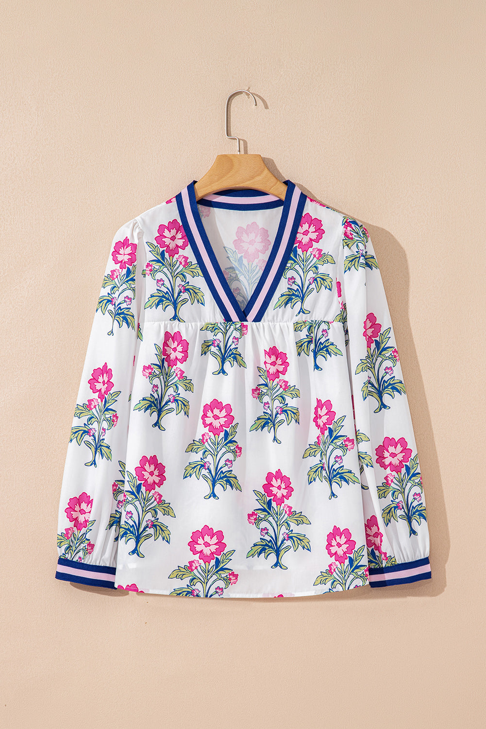 White Floral Print Striped V Neck Blouse Blouses & Shirts JT's Designer Fashion