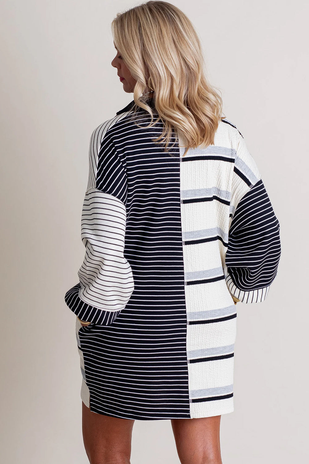 Black Stripe Colorblock Knit Henley Collar Shift Long Sleeve Mini Dress Mini Dresses JT's Designer Fashion