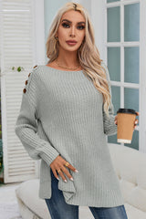 Gray Buttoned Drop Shoulder Oversized Sweater Sweaters & Cardigans JT's Designer Fashion
