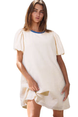 Beige Stripe Stripe Print Puff Sleeve Versatile Pullover Dress Dresses JT's Designer Fashion