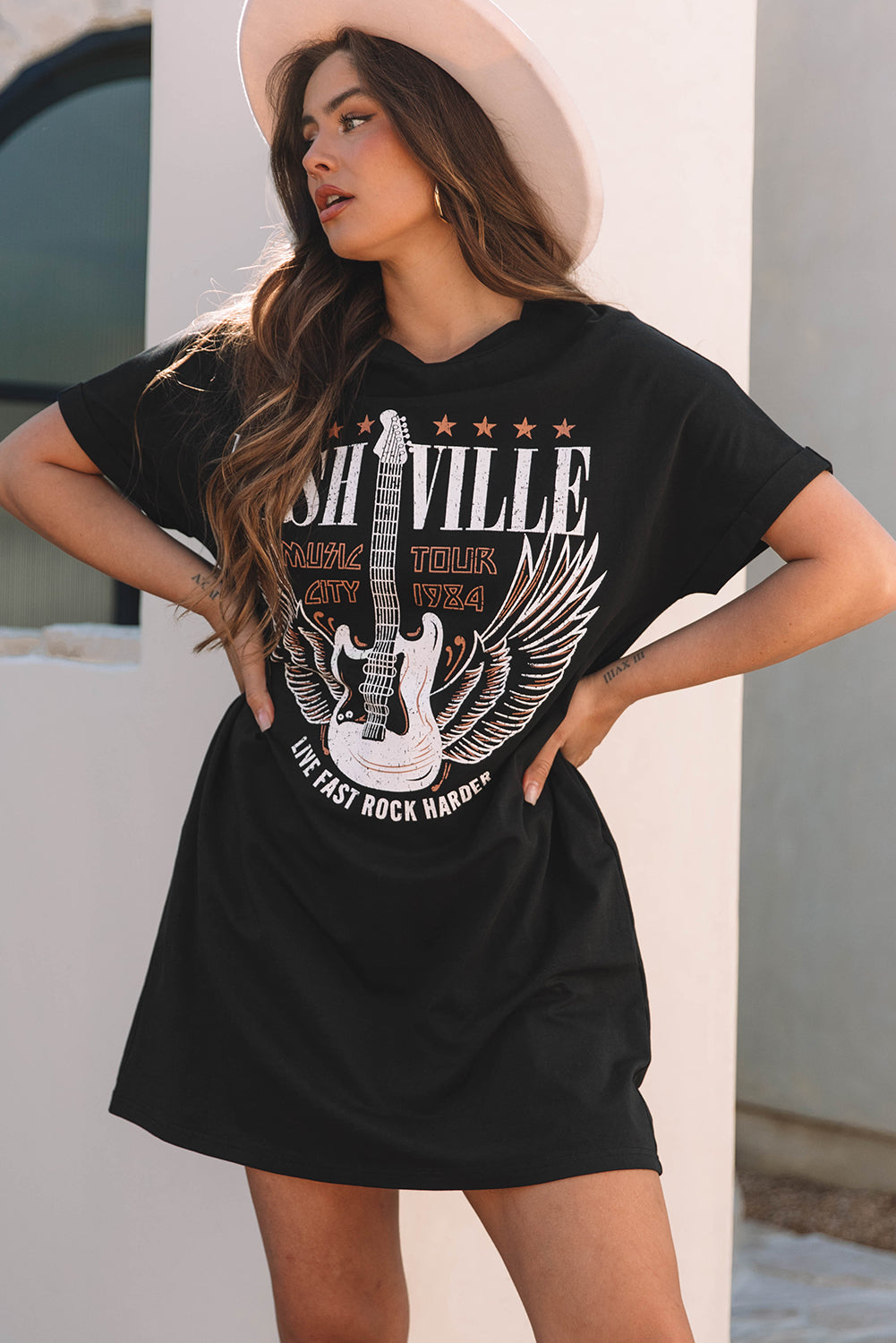Black Nashville Guitar Print Crew Neck T Shirt Mini Dress T Shirt Dresses JT's Designer Fashion