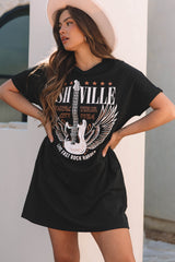 Black Nashville Guitar Print Crew Neck T Shirt Mini Dress T Shirt Dresses JT's Designer Fashion