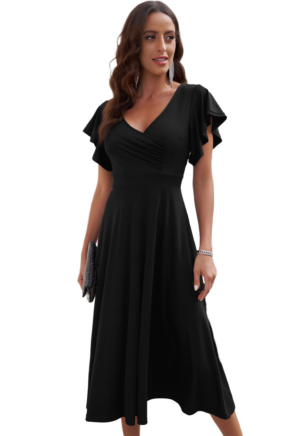 Black Ruffled Sleeve Wrap V Neck Midi Dress Midi Dresses JT's Designer Fashion