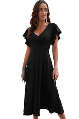 Black Ruffled Sleeve Wrap V Neck Midi Dress Midi Dresses JT's Designer Fashion