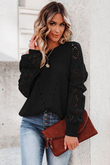 Black Hollow-out Puffy Sleeve Knit Sweater Sweaters JT's Designer Fashion