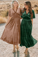 Chestnut Velvet Lacy V Neckline Short Sleeve Empire Waist Flowy Long Dress Maxi Dresses JT's Designer Fashion