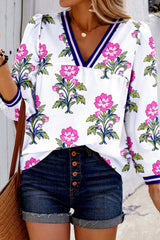 White Floral Print Striped V Neck Blouse White 100%Polyester Blouses & Shirts JT's Designer Fashion