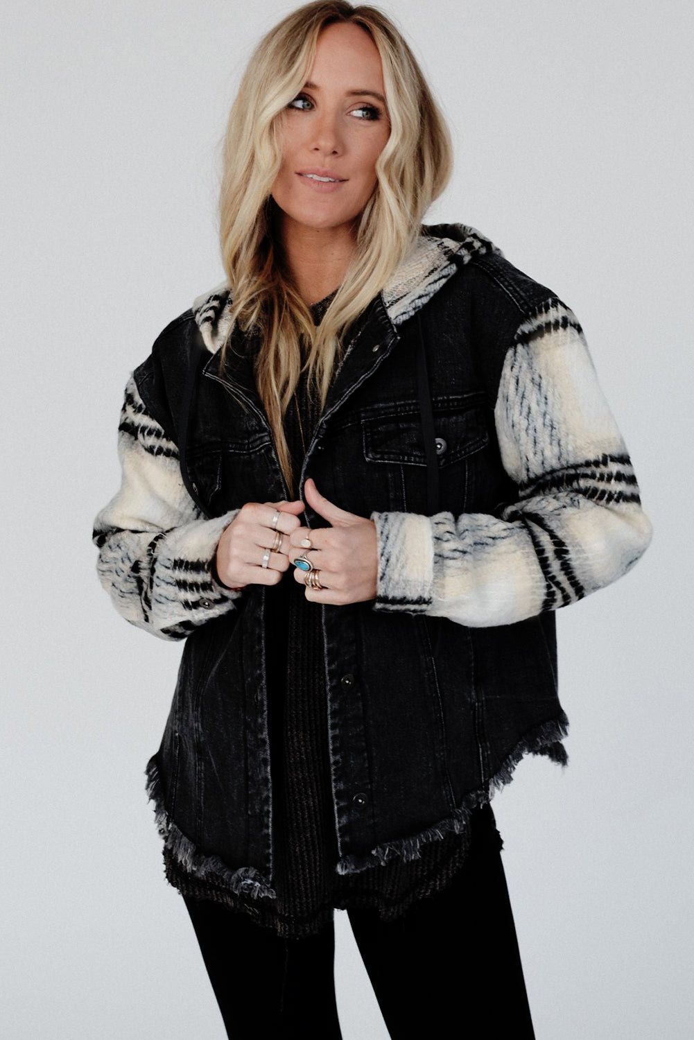 Black Plaid Sleeve Frayed Hem Hooded Denim Jacket Denim Jackets JT's Designer Fashion