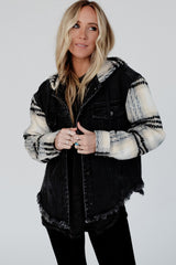 Black Plaid Sleeve Frayed Hem Hooded Denim Jacket Denim Jackets JT's Designer Fashion