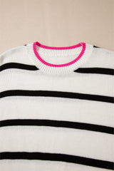 White Stripe Color Contrast Drop Shoulder Crew Neck Sweater Sweaters JT's Designer Fashion