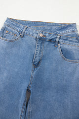 Blue Mid Rise Asymmetrical Waist Wide Leg Jeans Jeans JT's Designer Fashion