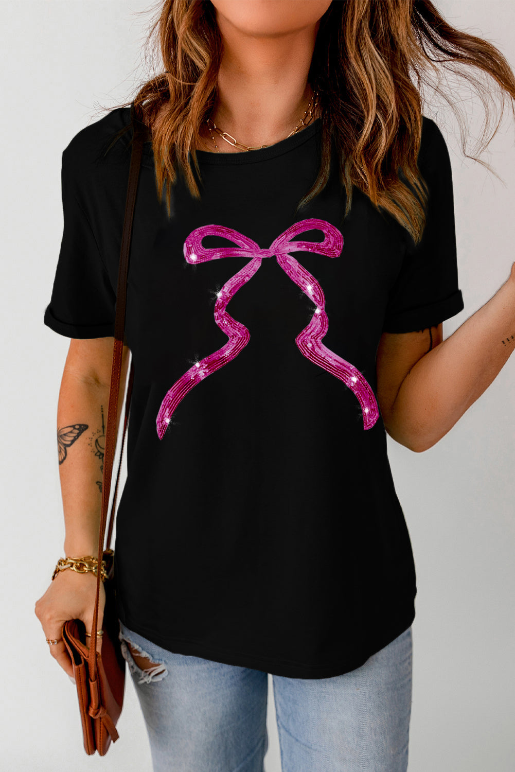 Black Sequin Bow Ribbon Graphic T Shirt Graphic Tees JT's Designer Fashion