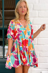 Rose Red Floral Bubble Sleeve V Neck Tiered Ruffle Babydoll Dress Floral Dresses JT's Designer Fashion