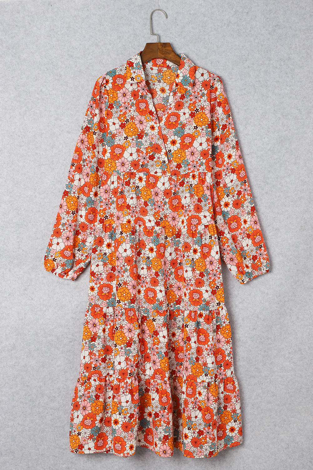 Multicolor Boho Floral Collared Long Sleeve Ruffled Dress Floral Dresses JT's Designer Fashion