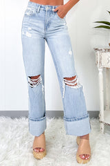 Beau Blue Light Wash Distressed Flare Jeans Beau Blue 93%Cotton+5%polyester+2%Elastane Jeans JT's Designer Fashion