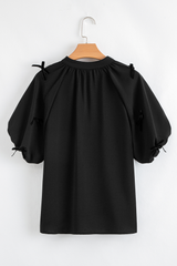 Black Bow Decor Puff Sleeve Split Neck Blouse Blouses & Shirts JT's Designer Fashion