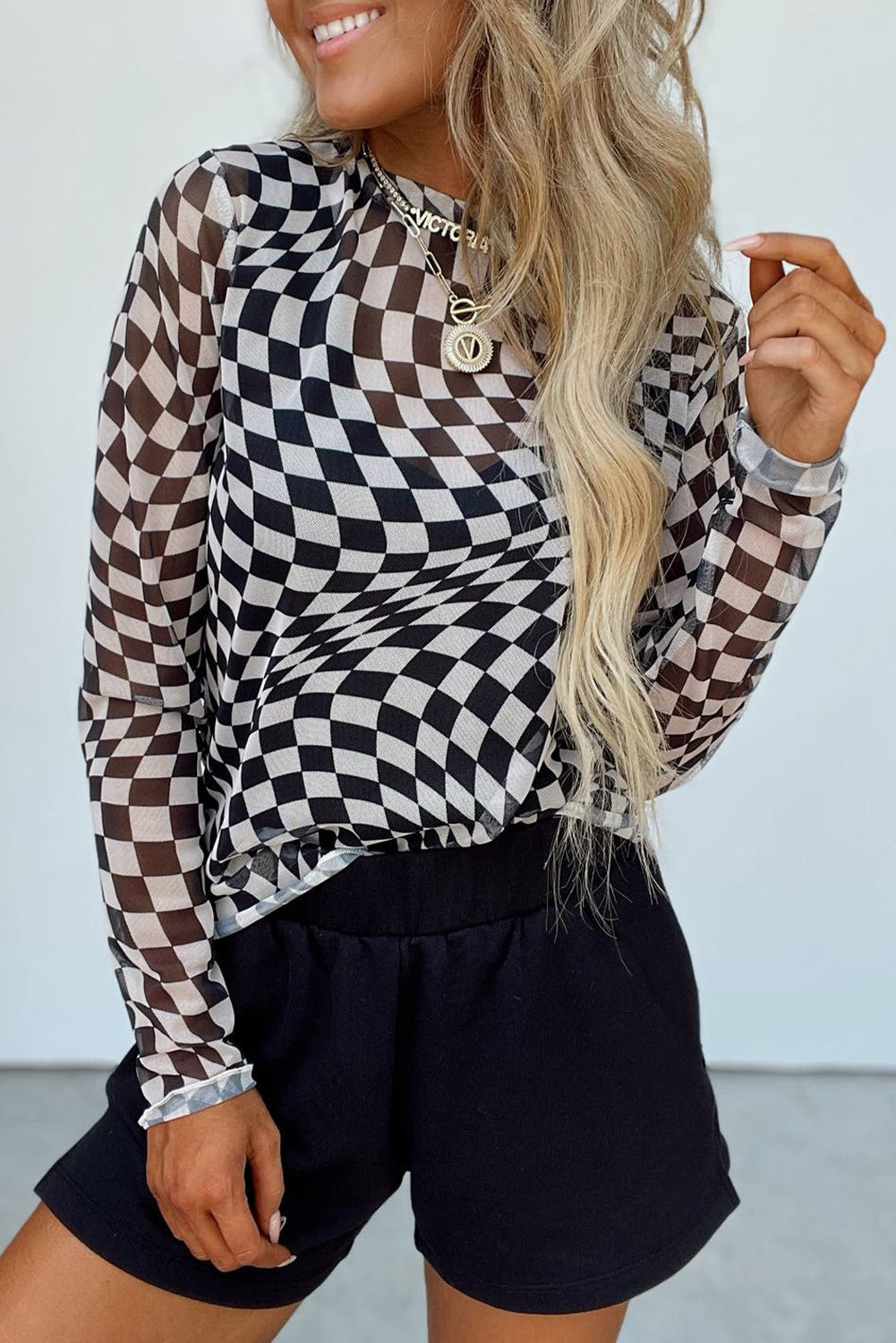 Black Checkered Pattern Mesh Mock Neck Long Sleeve Top Long Sleeve Tops JT's Designer Fashion