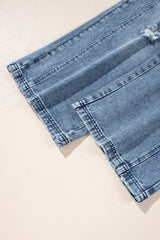 Stone Blue Distressed Bib Pocket Wide Leg Denim Overall Jumpsuits & Rompers JT's Designer Fashion