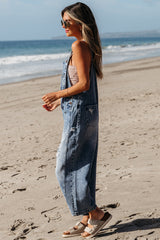 Stone Blue Distressed Bib Pocket Wide Leg Denim Overall Jumpsuits & Rompers JT's Designer Fashion