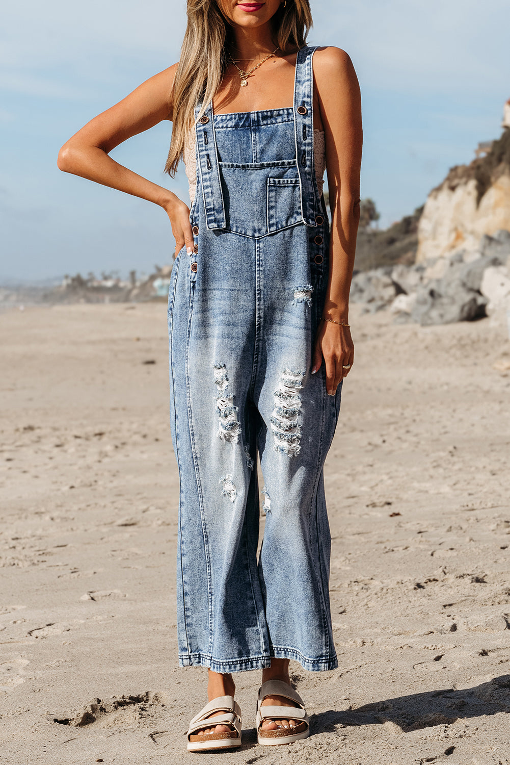 Stone Blue Distressed Bib Pocket Wide Leg Denim Overall Jumpsuits & Rompers JT's Designer Fashion