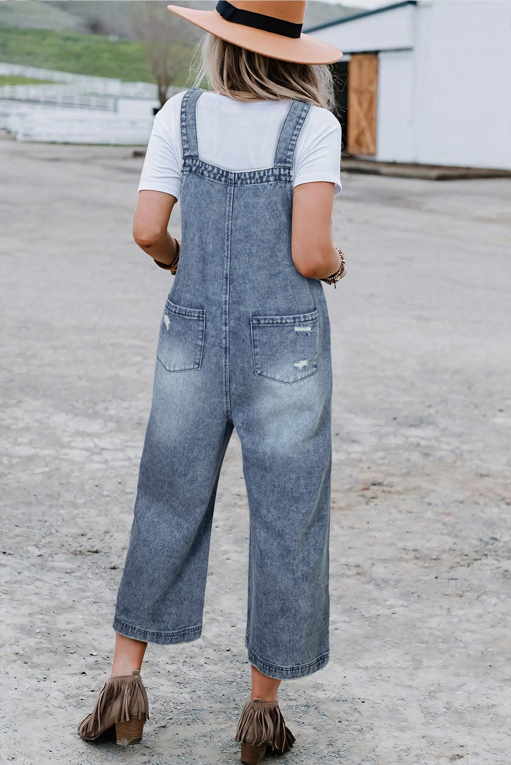 Stone Blue Distressed Bib Pocket Wide Leg Denim Overall Jumpsuits & Rompers JT's Designer Fashion