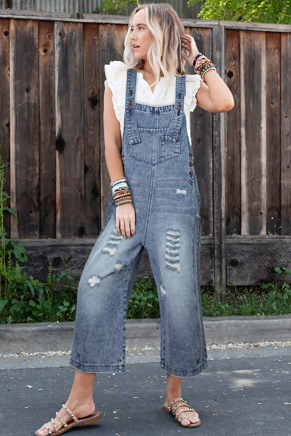 Stone Blue Distressed Bib Pocket Wide Leg Denim Overall Jumpsuits & Rompers JT's Designer Fashion