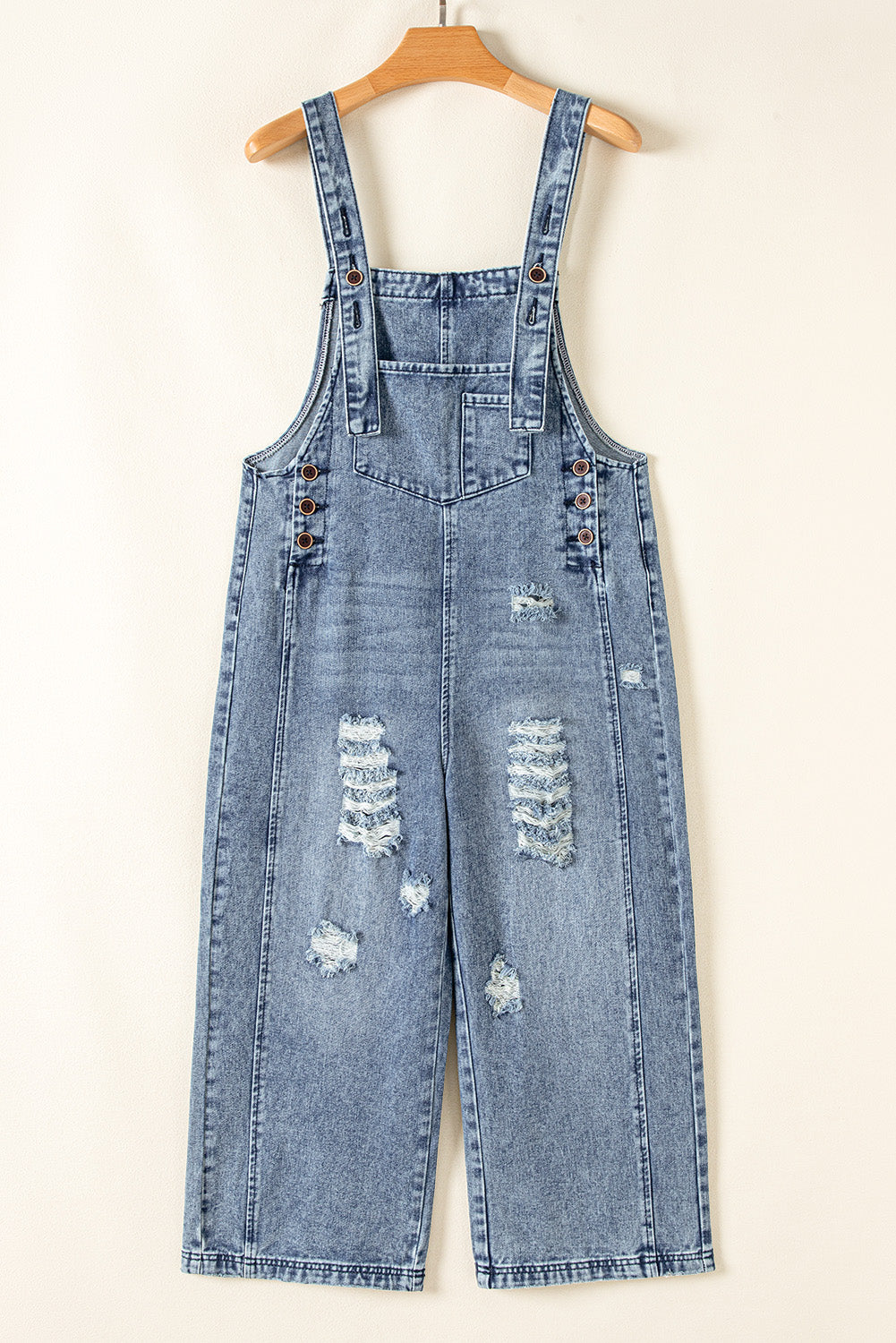 Stone Blue Distressed Bib Pocket Wide Leg Denim Overall Jumpsuits & Rompers JT's Designer Fashion