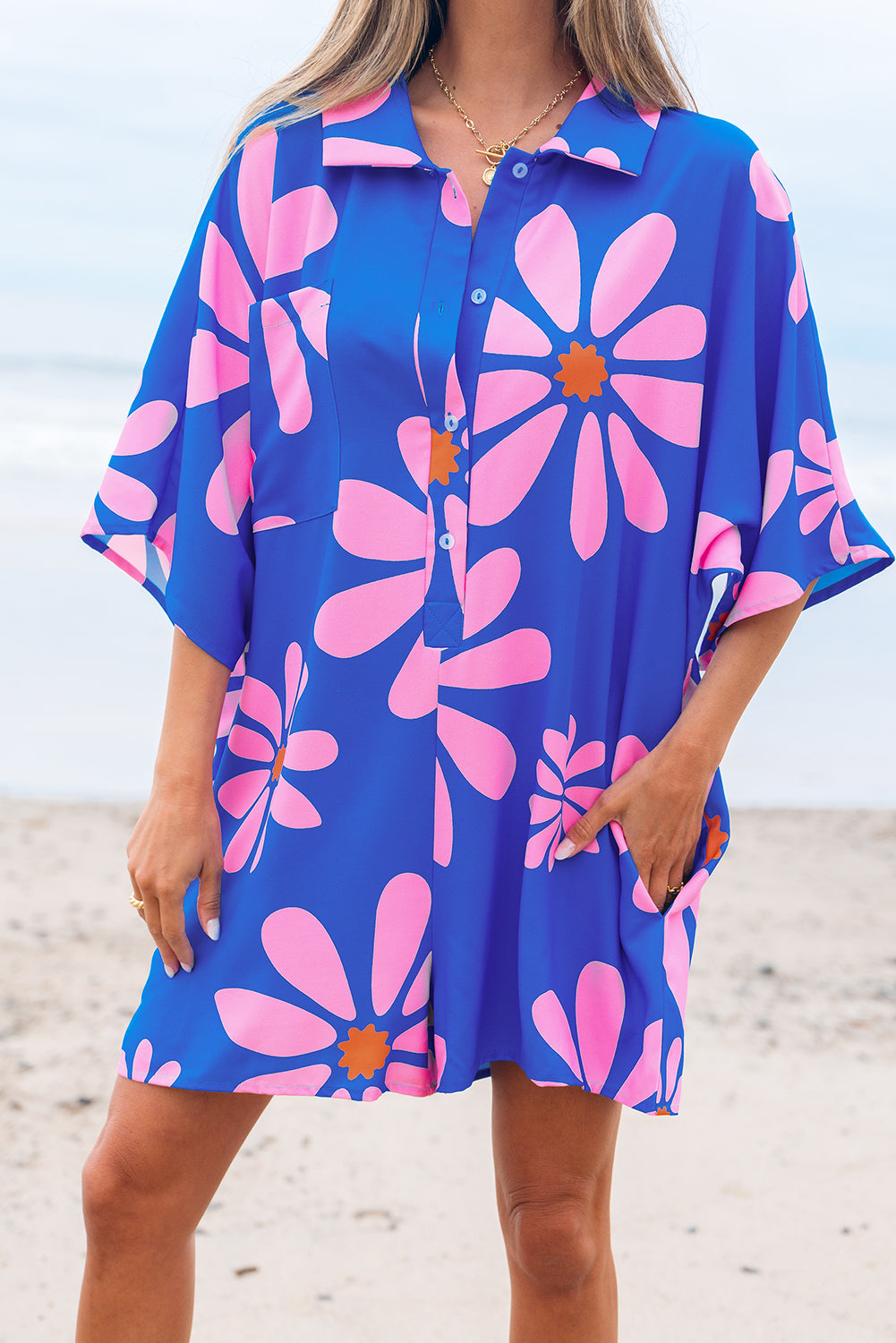 Blue Summer Flower Print Shirt Collar Button Front Loose Romper Jumpsuits & Rompers JT's Designer Fashion