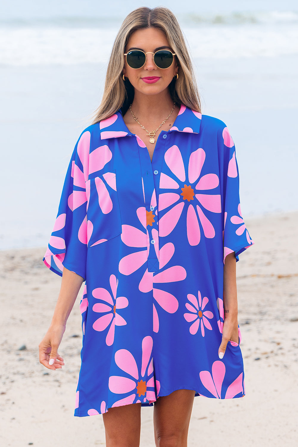 Blue Summer Flower Print Shirt Collar Button Front Loose Romper Jumpsuits & Rompers JT's Designer Fashion