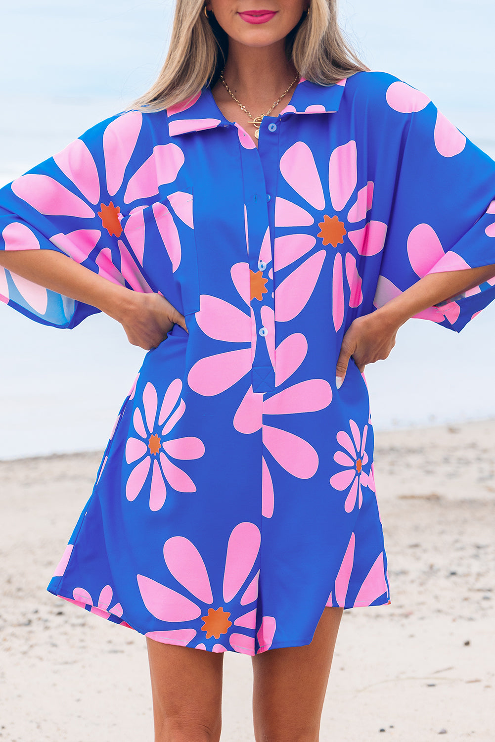 Blue Summer Flower Print Shirt Collar Button Front Loose Romper Jumpsuits & Rompers JT's Designer Fashion