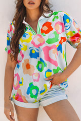Green Chic Leopard Print Striped Detail Split Neck Blouse Blouses & Shirts JT's Designer Fashion