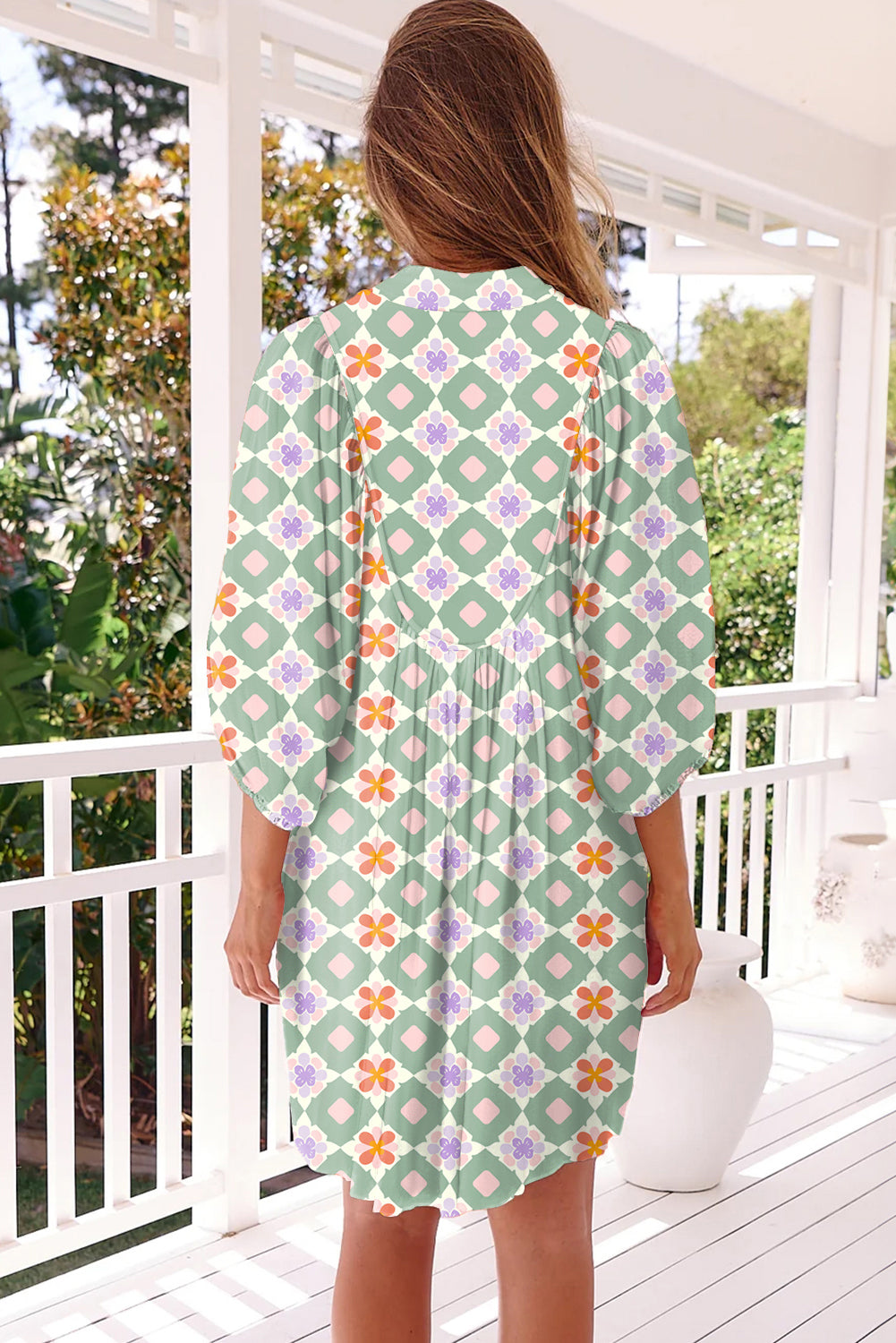 Green Geometric Floral Print 3/4 Sleeve Notched Neck Mini Dress Mini Dresses JT's Designer Fashion