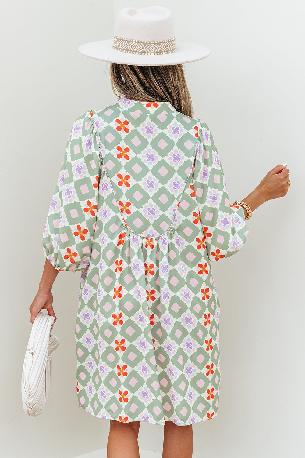 Green Geometric Floral Print 3/4 Sleeve Notched Neck Mini Dress Mini Dresses JT's Designer Fashion