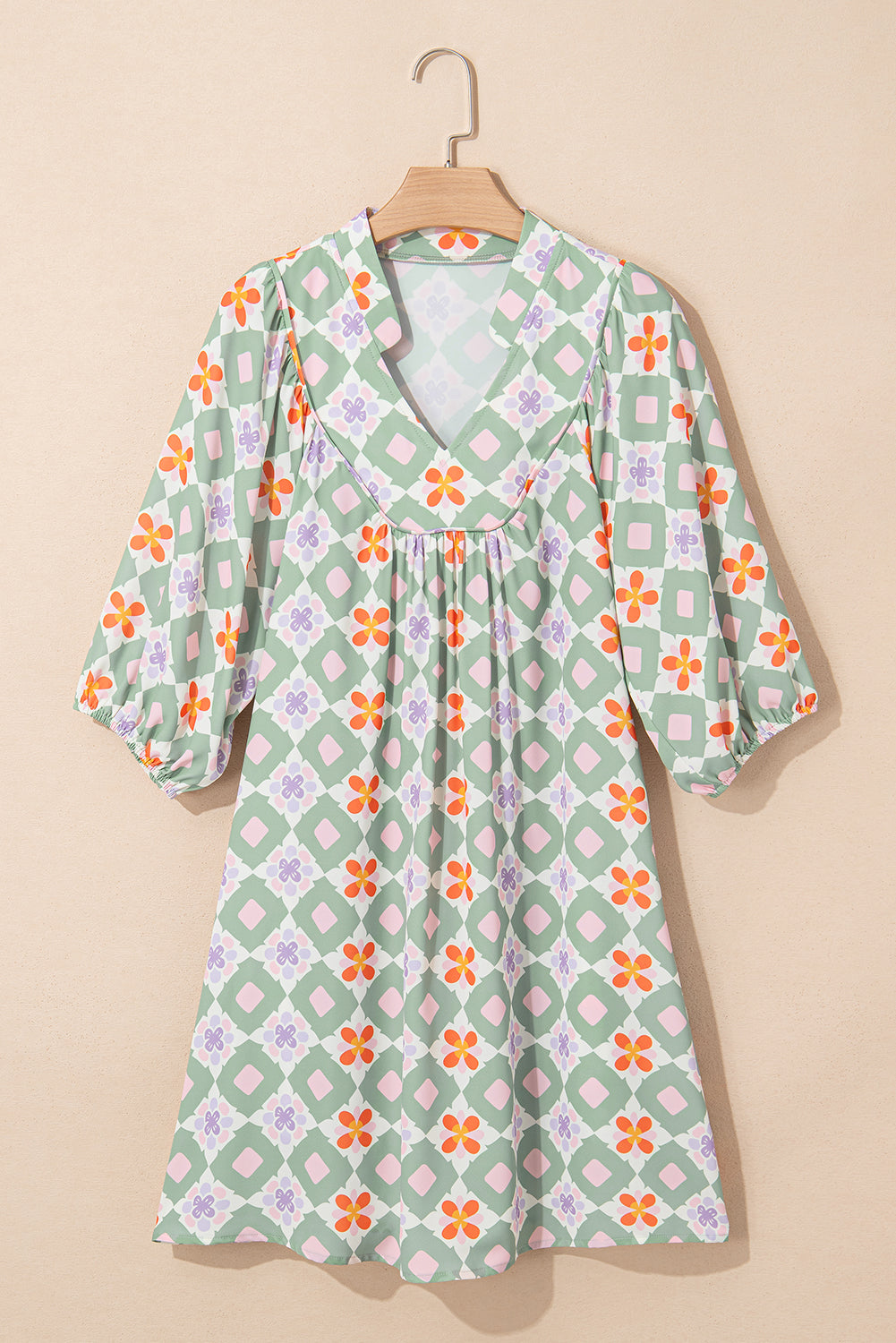 Green Geometric Floral Print 3/4 Sleeve Notched Neck Mini Dress Mini Dresses JT's Designer Fashion