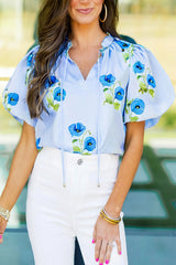 Sky Blue Floral Print Tie Split Neck Short Puff Sleeve Blouse Blouses & Shirts JT's Designer Fashion