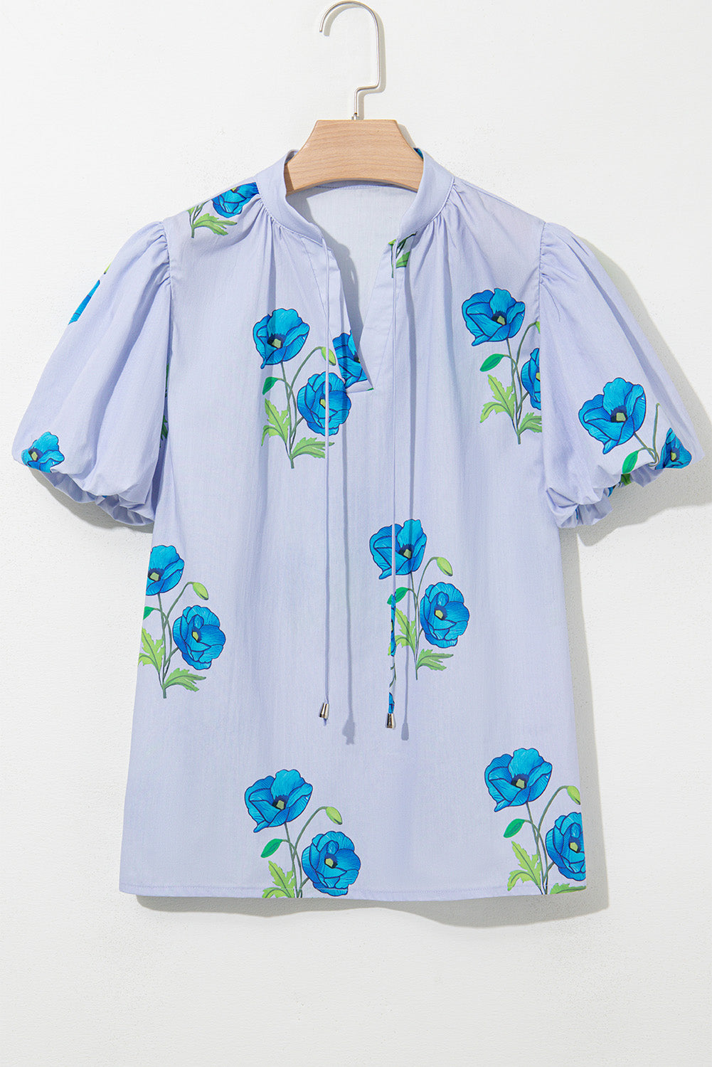 Sky Blue Floral Print Tie Split Neck Short Puff Sleeve Blouse Blouses & Shirts JT's Designer Fashion