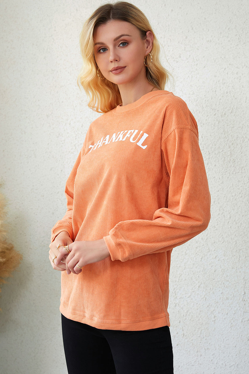 Orange Thankful Graphic Corded Sweatshirt Graphic Sweatshirts JT's Designer Fashion