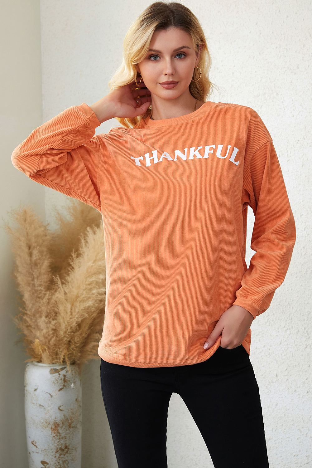 Orange Thankful Graphic Corded Sweatshirt Graphic Sweatshirts JT's Designer Fashion